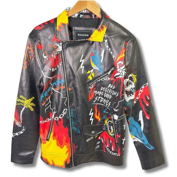 Reason Graffiti Print Moto Jacket Men’s Small Vegan Leather Streetwear Statement - Picture 5 of 14